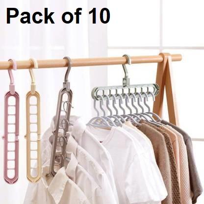 Hanger-Plastic Multi Functional Adjutable & Folding Clothes Hanger Holder Portable Anti-Slip Storage Rack Space Saving Hook for Garment Drying (Multicolor, Pack Of 10)